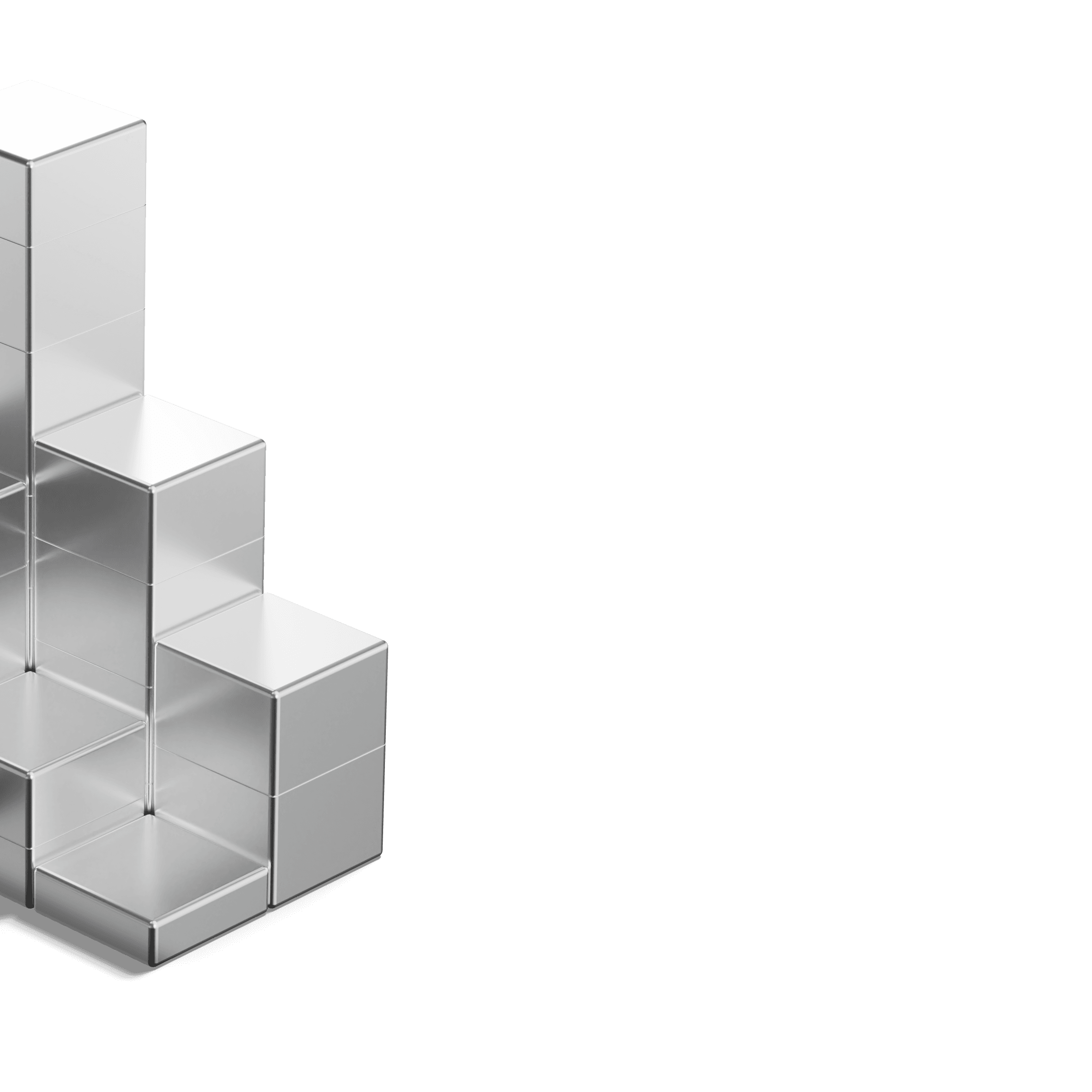 3D silver metallic cubes stacked in a stepped formation, partially hidden behind a dark vertical panel